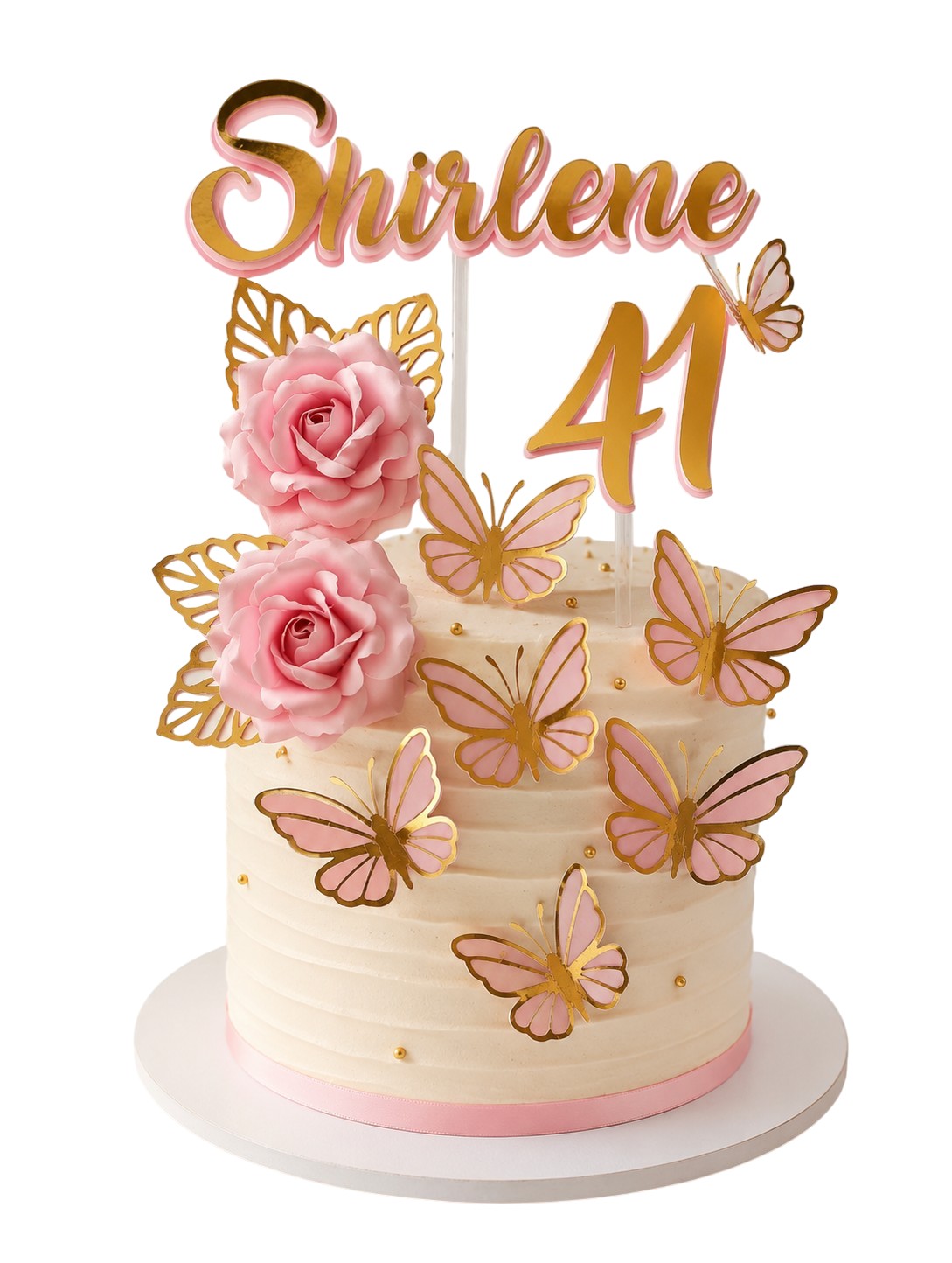 Topo de bolo personalizado com flores realista e borboletas em 3d.